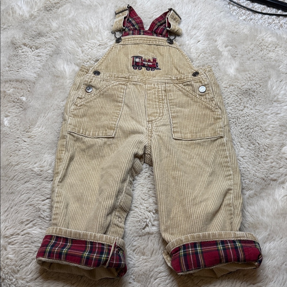 🍄18m boys VTG authentic place Kids Tan Corduroy Overalls with Train Embroidery